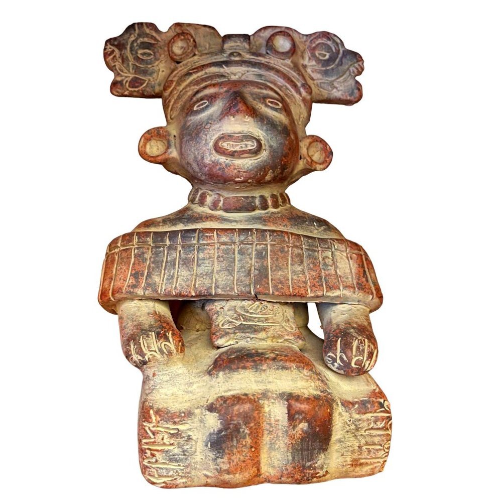 Hand-Sculpted Inca Aztec Terracotta Clay Pottery Sitting Figure Statue 1960s